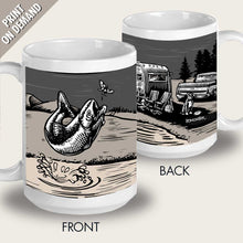Load image into Gallery viewer, vintage trailer and bass fishing mug dog camping by bomonster