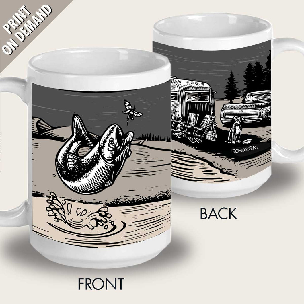 vintage trailer and bass fishing mug dog camping by bomonster