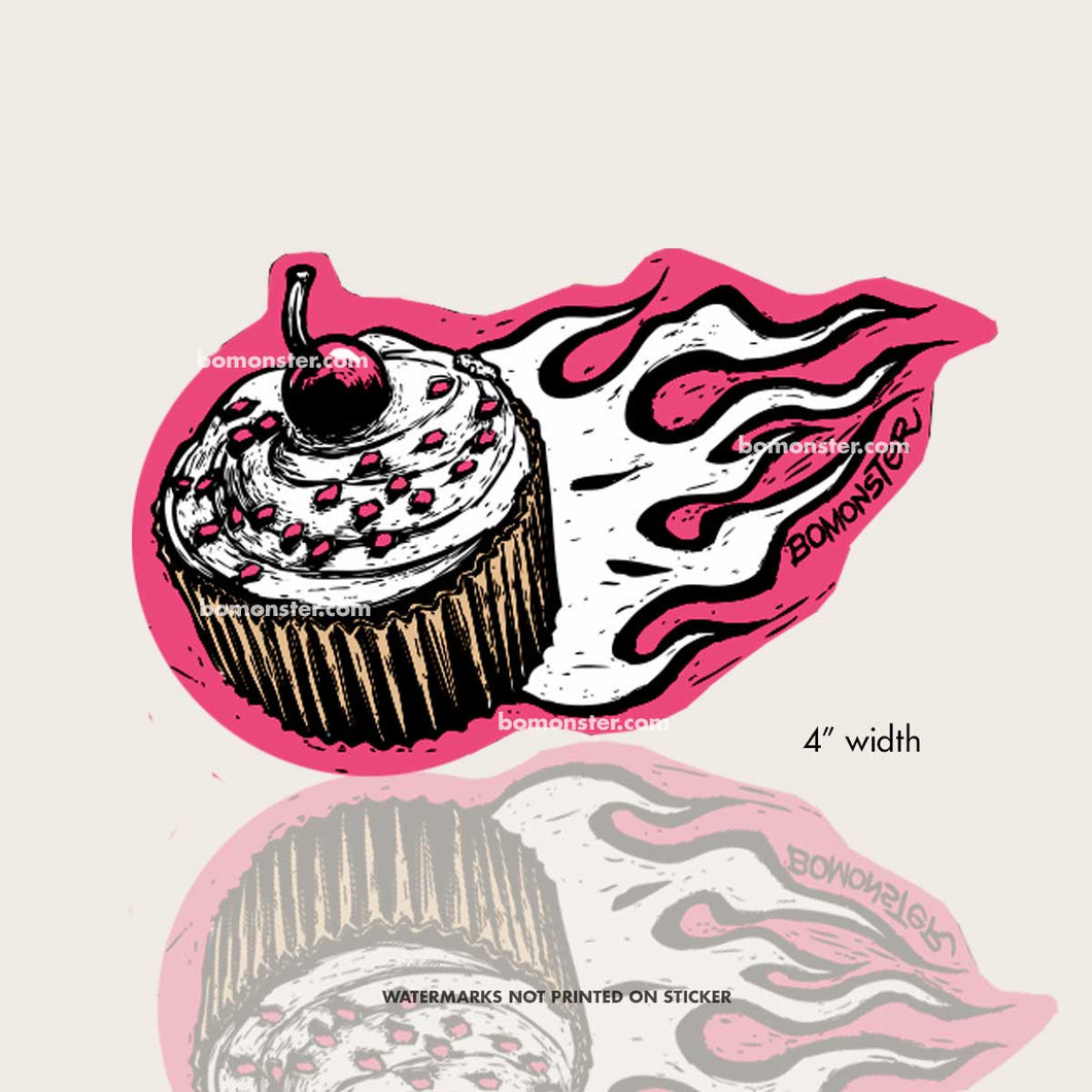 bomonster kustom kulture sticker of a cupcake with hot rod flames