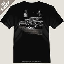 Load image into Gallery viewer, 1955 chevy gasser against a willys gasser tee by bomonster