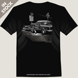 1955 chevy gasser against a willys gasser tee by bomonster