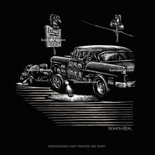 Load image into Gallery viewer, men&#39;s tee of a &#39;55 chevy gasser going against a willys gasser