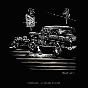 men's tee of a '55 chevy gasser going against a willys gasser