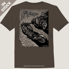 Load image into Gallery viewer, triumph motorcycle chopper and model a hot rod on dry lake by bomonster