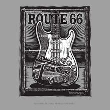 Load image into Gallery viewer, route 66 t-shirt with fender stratocaster guitar and ford woody in waves