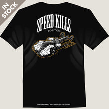 Load image into Gallery viewer, vintage dragster coupe and words speed kills boredom tee by bomonster