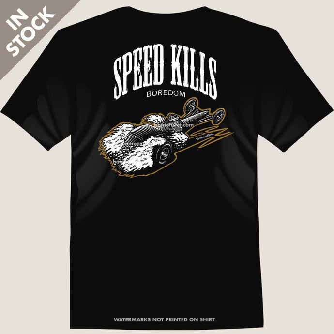 vintage dragster coupe and words speed kills boredom tee by bomonster