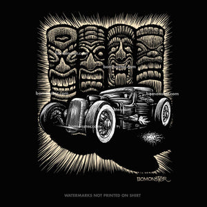 rat rod truck in front of four tikis