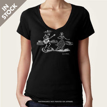 Load image into Gallery viewer, day of dead guitar skeletons on womens vee neck top by bomonster