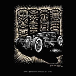 bomonster rat rod in front of four tiki heads