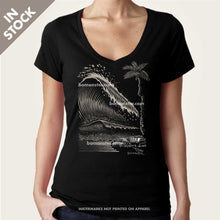 Load image into Gallery viewer, vw bus bug and tsunami wave womens vee neck by bomonster