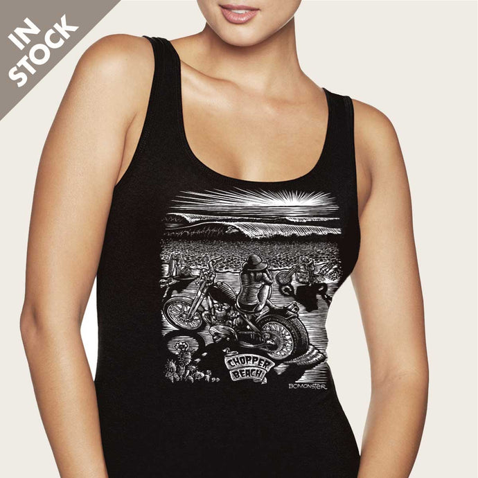 girl on chopper motorcycle at beach waves womens tank top by bomonster