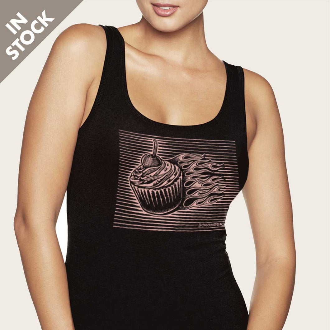 cupcake with flames on womens tank top by bomonster