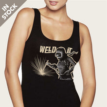 Load image into Gallery viewer, girl welding with vintage stick weldor womens tank top by bomonster